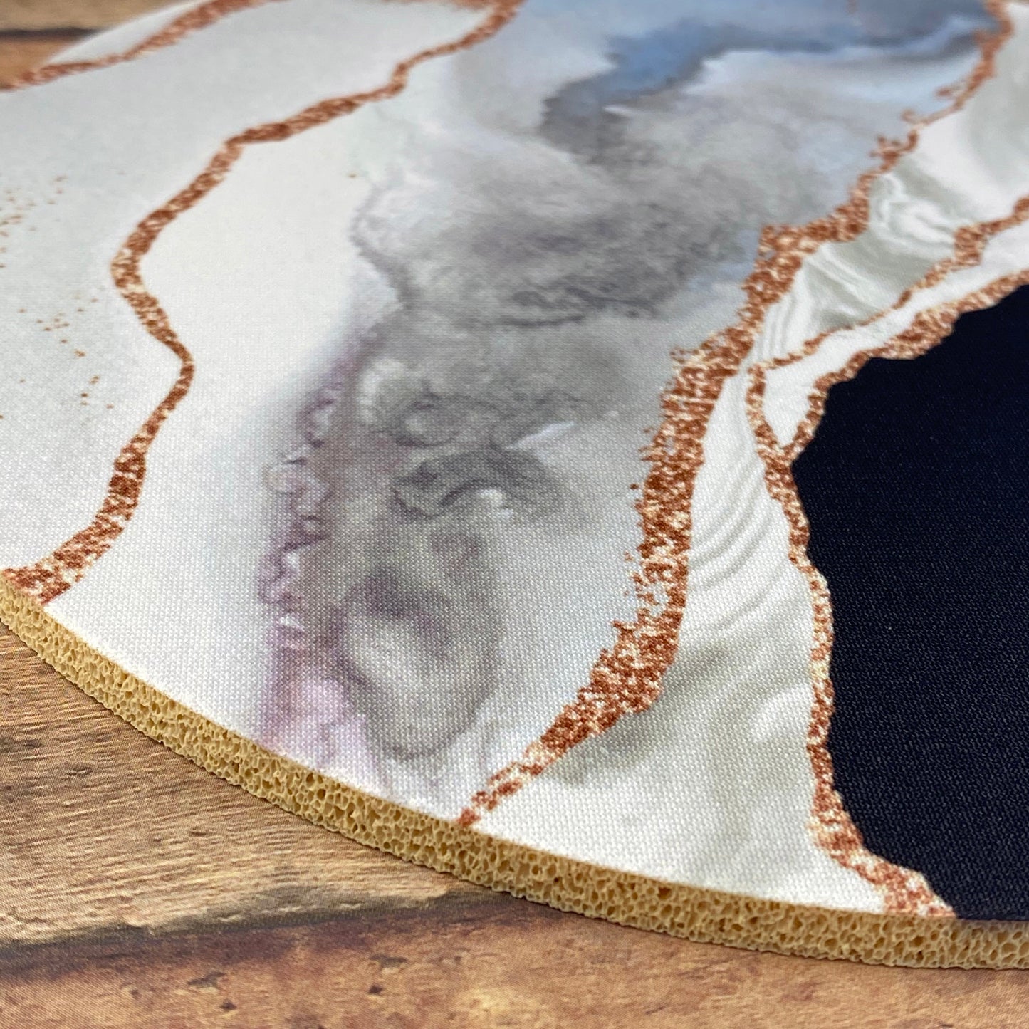 Detailed photo of the printed design, Black & Rose Gold Marble Agate Mouse Pad, Tan Rubber Backing, Mrs Tollett Designs