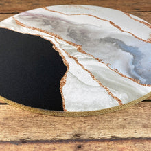 Load image into Gallery viewer, Side View, Black &amp; Rose Gold Marble Agate Mouse Pad, Tan Rubber Backing, Mrs Tollett Designs
