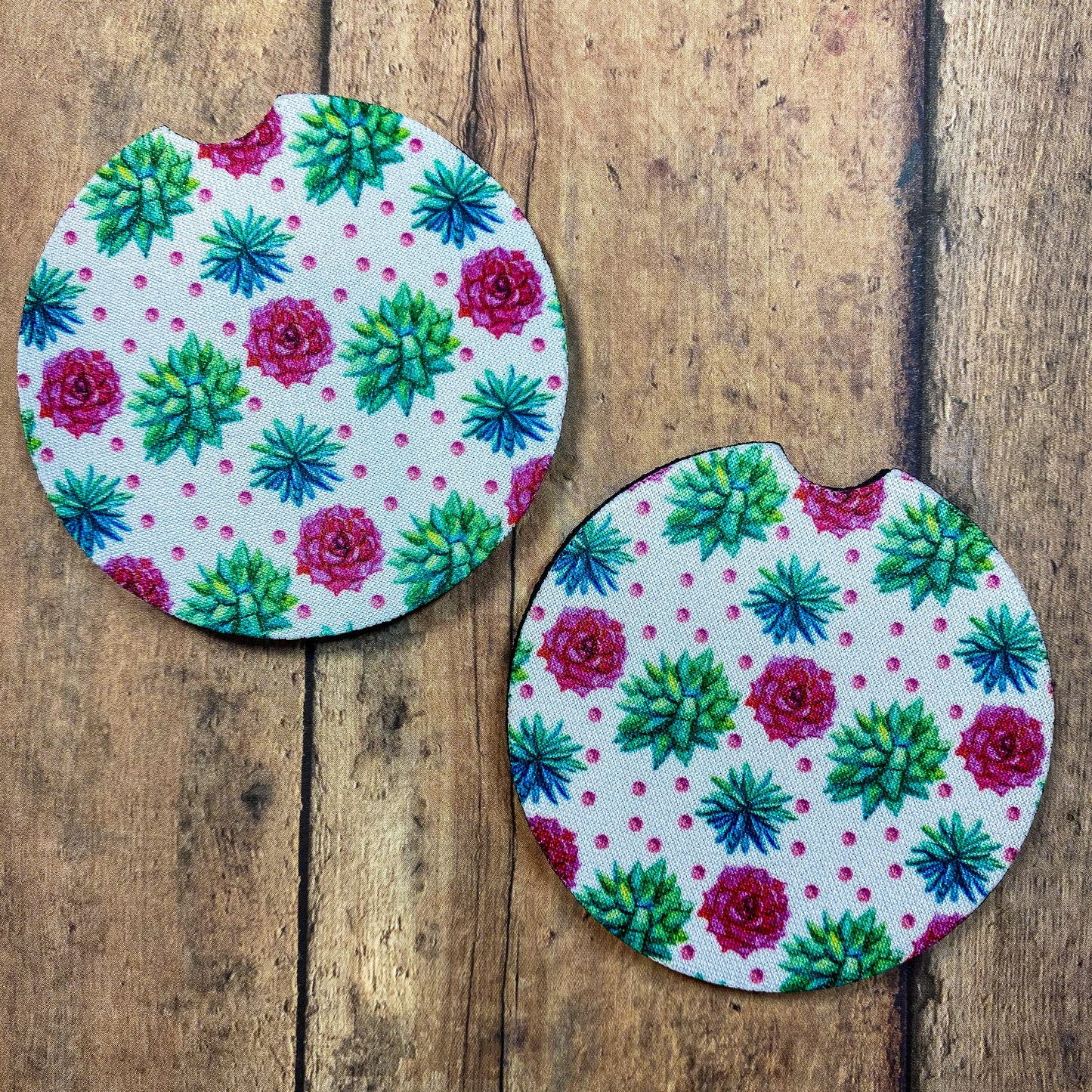 Succulent Car Coasters, Coasters for Car, Car Accessories, Fabric Car Cup Holder Decor, Rubber Backing, Divot