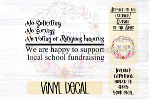 No Soliciting Decal | Surveys | Voting or Religious Inquiries | Fundraising by Local Schools