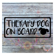 Load image into Gallery viewer, This &quot;Therapy Dog on Board&quot; Car Decal adheres to the glass of your vehicle, RV, or Camper to alert First Responders you have a emotional support dog inside in the event of an emergency.
