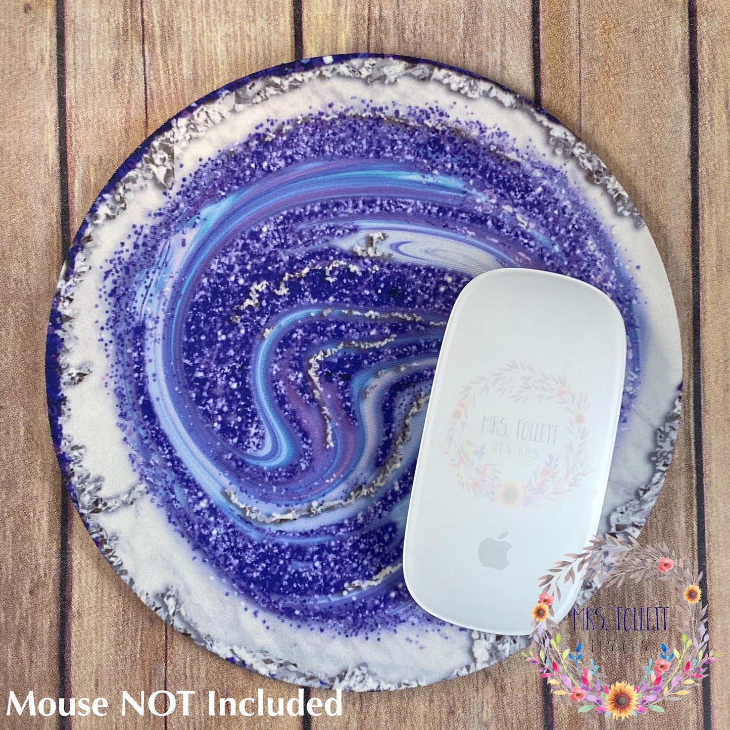 Purple Geode Round Rubber Backed Mousepad, Top view, Printed Purple agate and shimmer design, Mouse not included | Mrs Tollett Designs