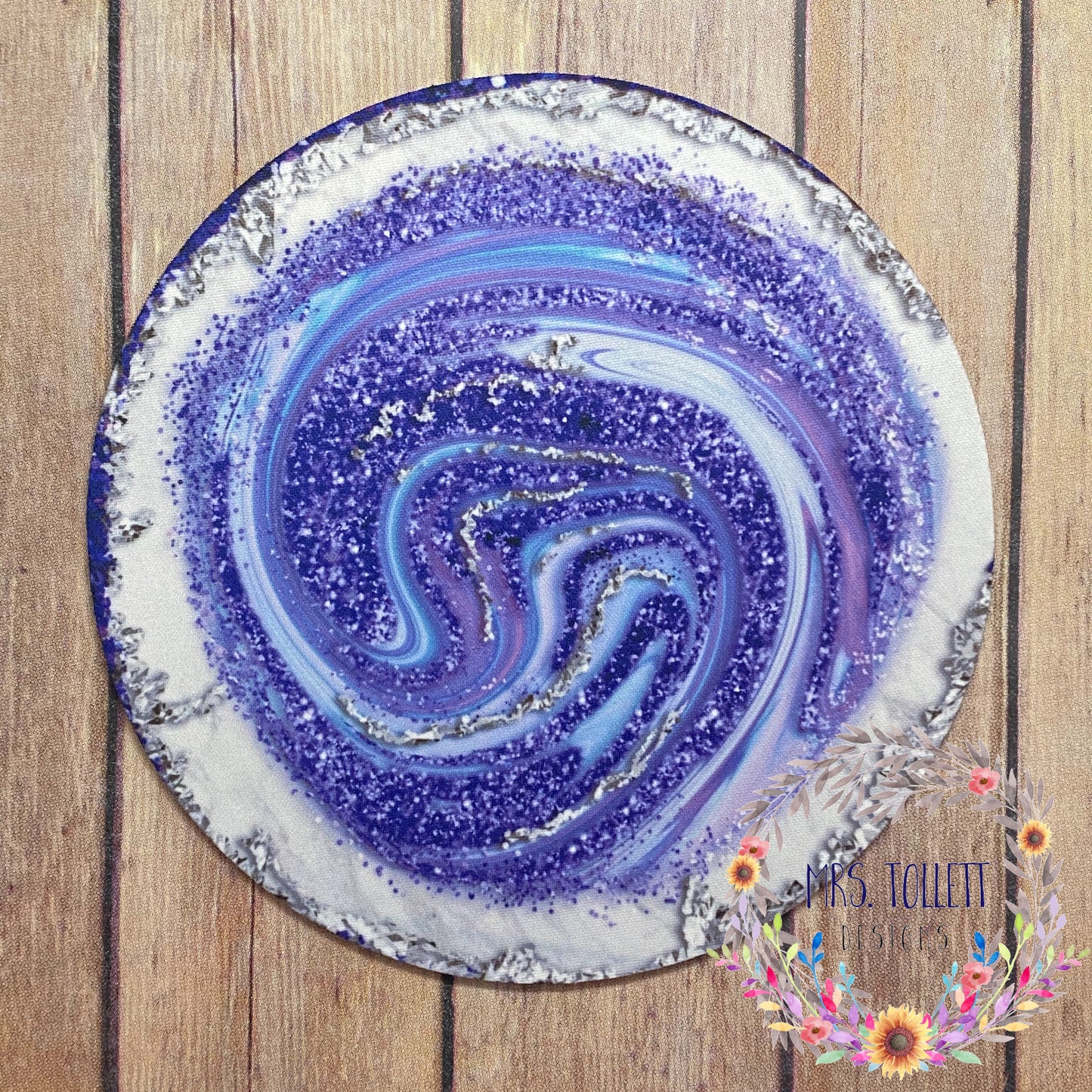 Purple Geode Round Rubber Backed Mousepad, Top view, Printed Purple agate and shimmer design | Mrs Tollett Designs