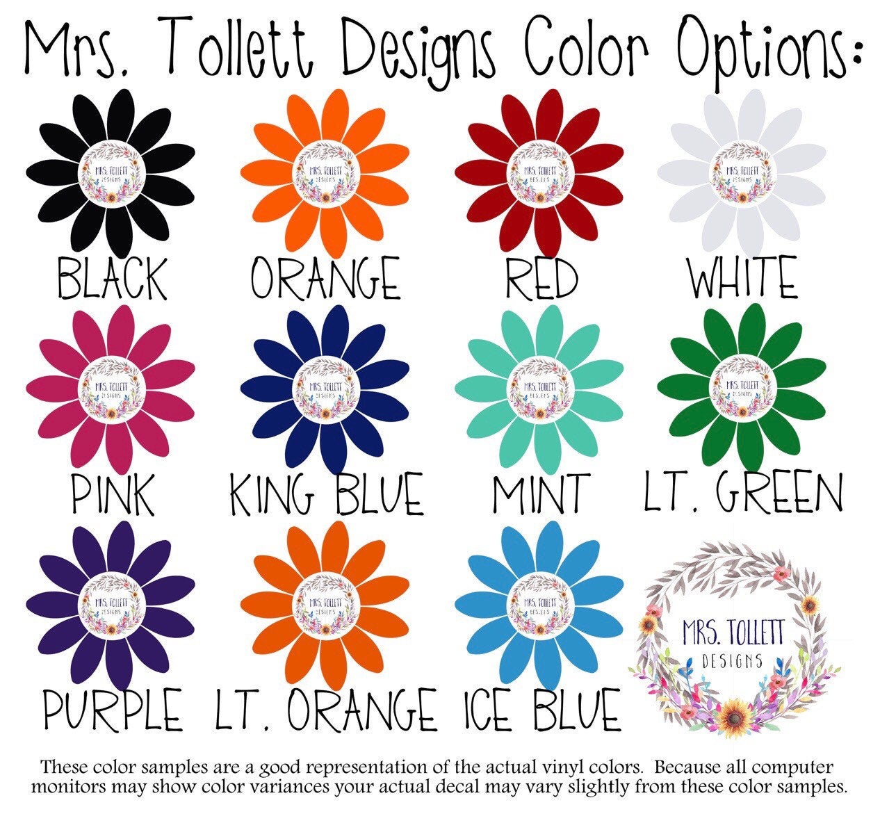 Mrs Tollett Designs Vinyl Color Chart 1, Black, Orange, Red, White, Pink, King Blue, Mint, Light Green, Purple, Light Orange, Ice Blue