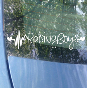 Raising Boys Car Decal, Heartbeat, Mom of Boys Bumper Sticker, Vinyl Vehicle Window, Mrs Tollett Designs