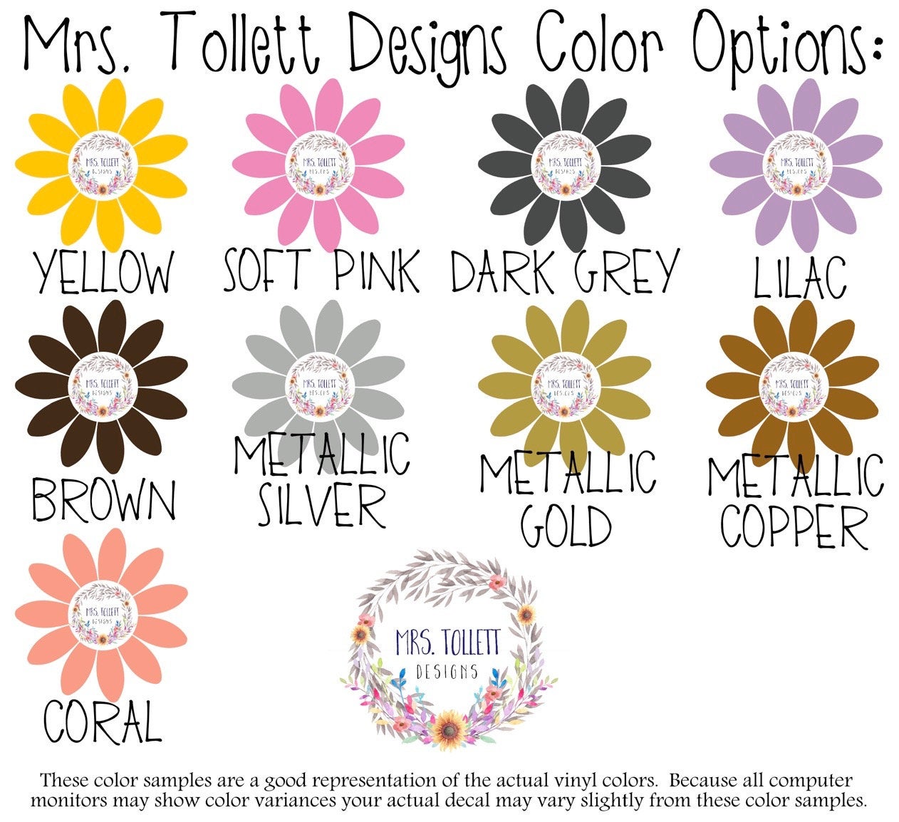 Mrs Tollett Designs Vinyl Color Chart 2, Yellow, Soft Pink, Dark Grey, Gray, Lilac, Brown, Metallic Silver, Metallic Gold, Metallic Copper, Coral
