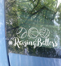 Load image into Gallery viewer, Raising Ballers Car Decal - Baseball/Softball, Basketball, Volleyball | Sports Mom Bumper Sticker
