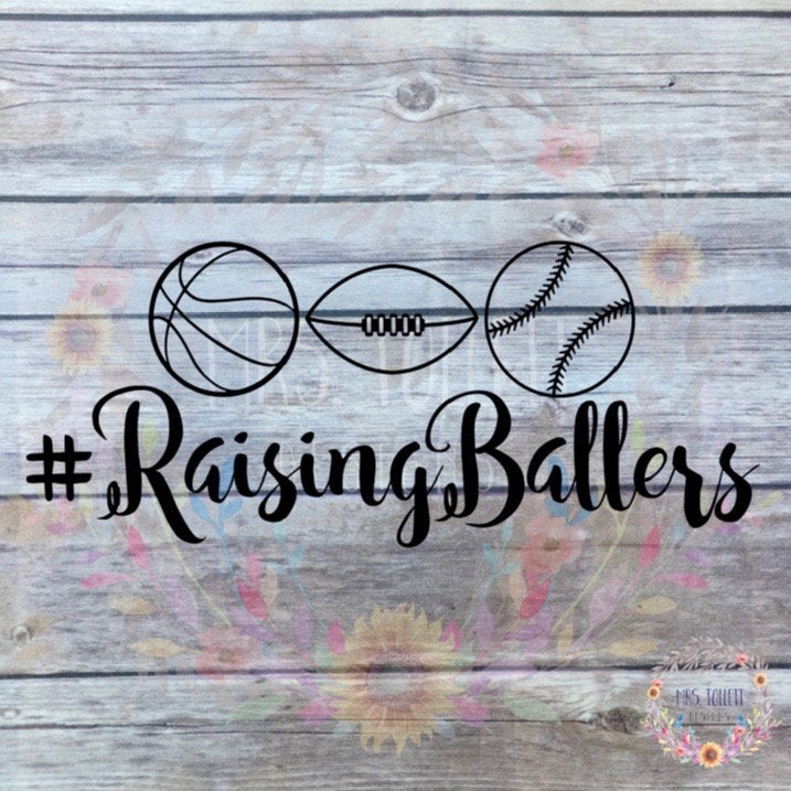 Raising Ballers Car Decal - Basketball, Football, Baseball | Sports Mom Bumper Sticker