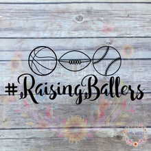 Load image into Gallery viewer, Raising Ballers Car Decal - Basketball, Football, Baseball | Sports Mom Bumper Sticker
