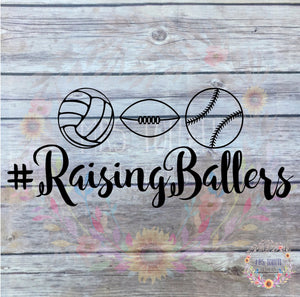 Raising Ballers Car Decal - Volleyball, Football, Baseball | Sports Mom Bumper Sticker
