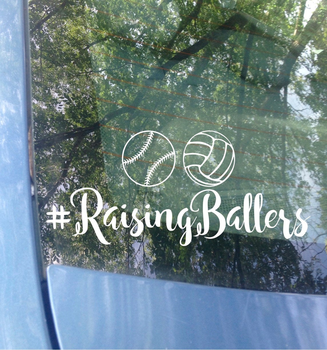 Raising Ballers Car Decal - Baseball/Softball, Volleyball | Sports Mom Bumper Sticker