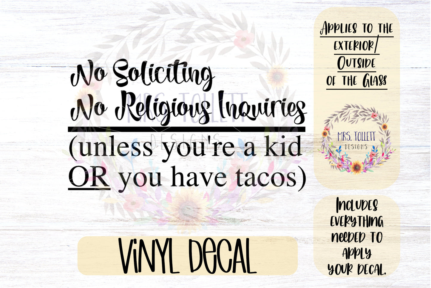 No Soliciting Decal | No Religious Inquiries | Kid or Tacos